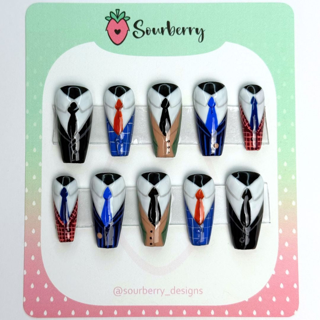 Sourberry brand suit nails. There are 5 different suits in different colors with a collared shirt and tie.