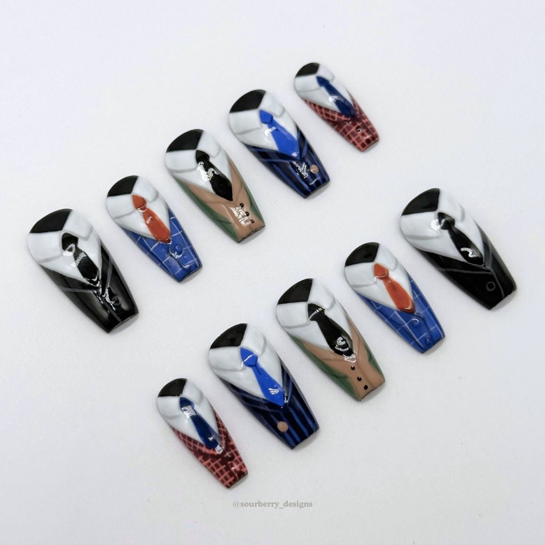 Another angle of the nails that look like suits.