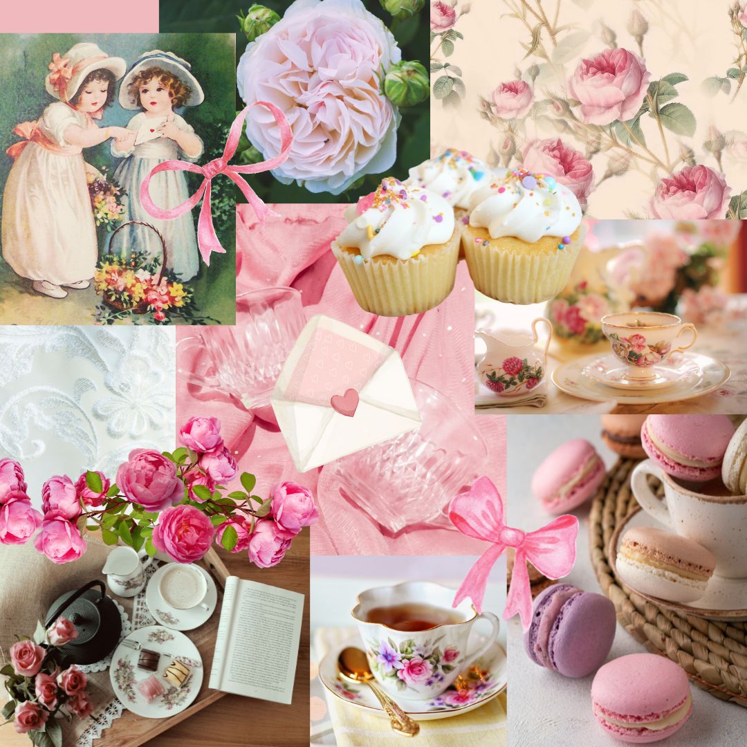 A collage of images based on the theme "tea party." There are desserts, pink flowers, teacups, and bows.