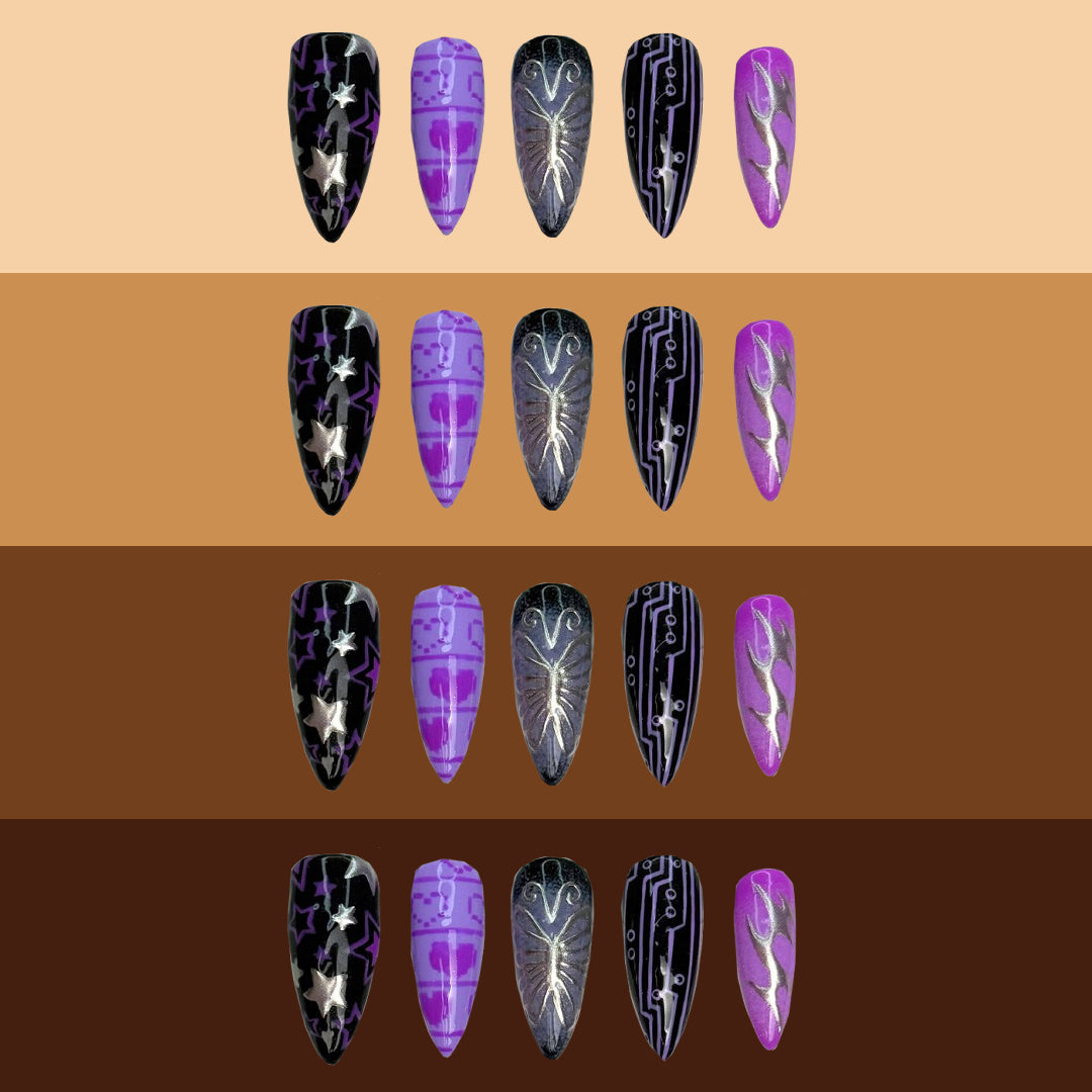 Cyber butterfly nails on different skin tones.
