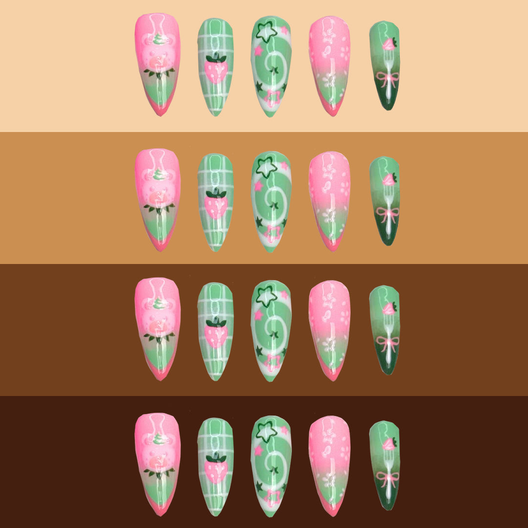 Strawberry matcha nails on different skin tones.