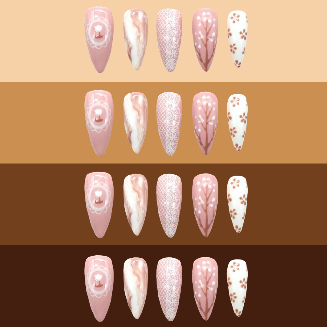 A picture of Sourberry brand Countryside Sonnet nails on different skin tone colors.