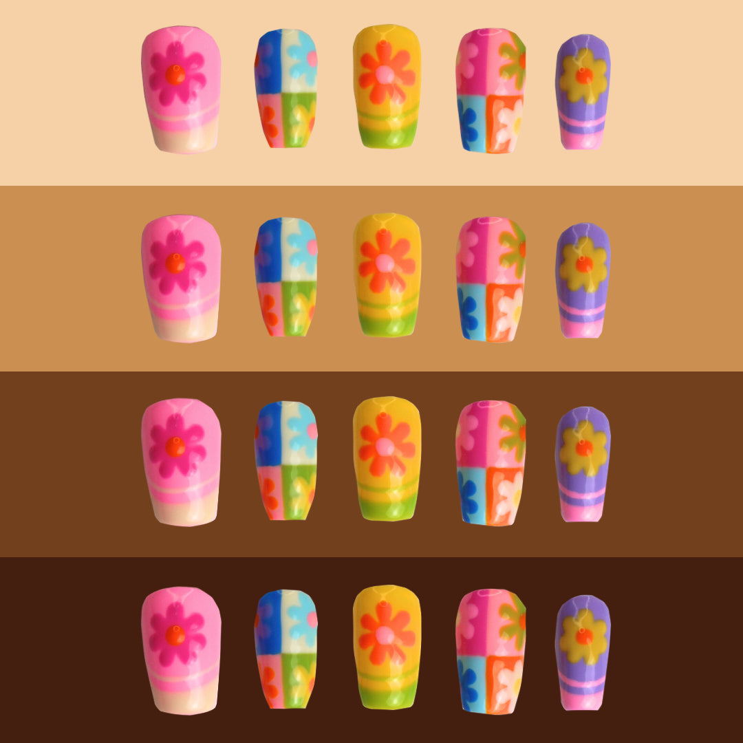 Flower power nails on different skin tones.