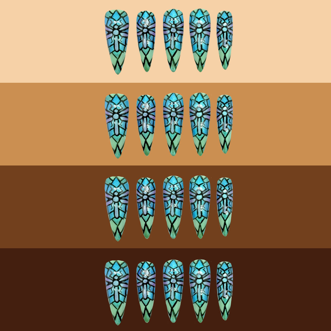 Stained glass dragonfly nails on different skin tone colors.