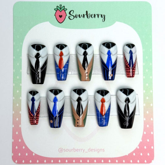 Sourberry brand suit nails. There are 5 different suits in different colors with a collared shirt and tie.