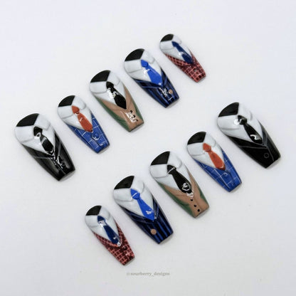 Another angle of the nails that look like suits.