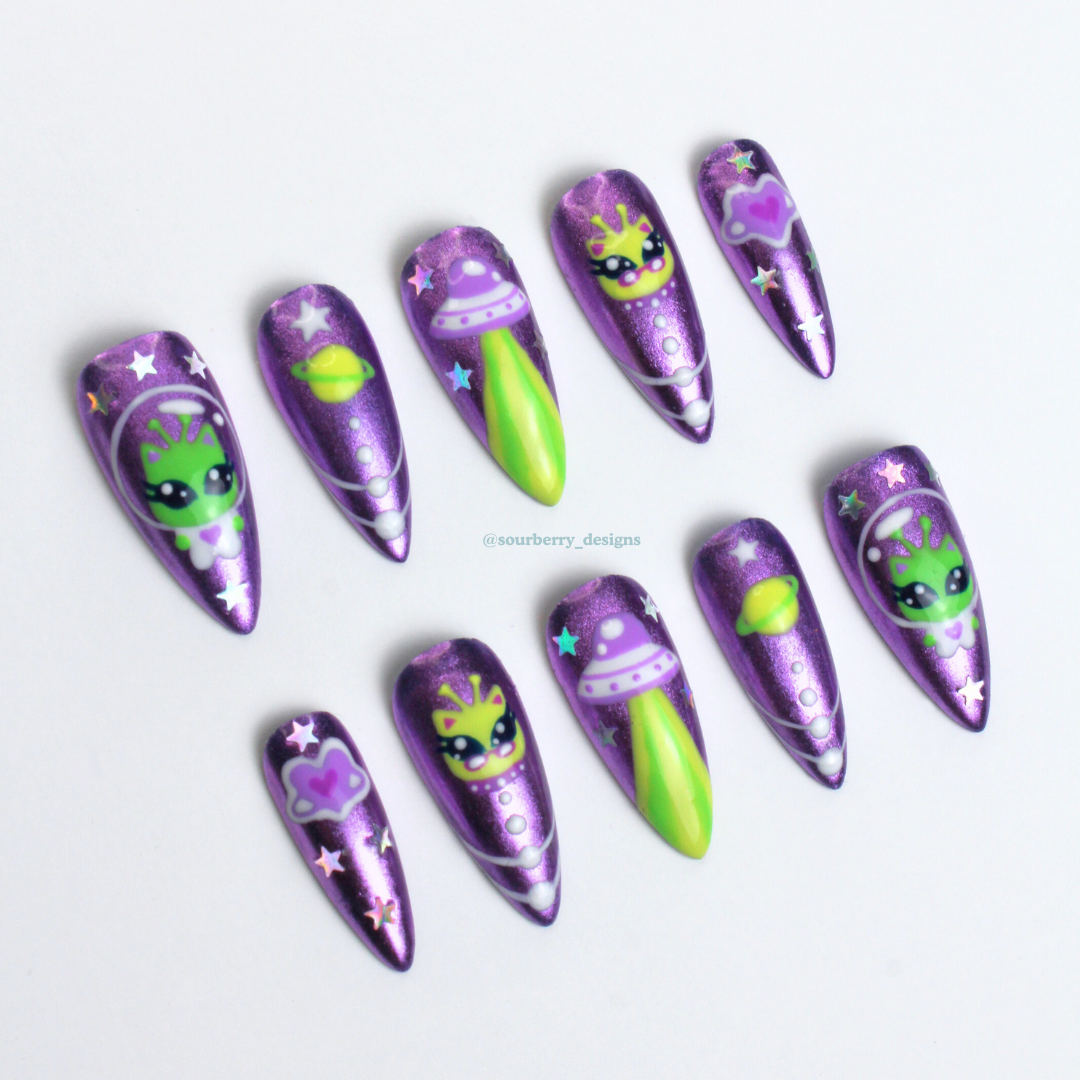 Another angle of Galactic Kitty nails.