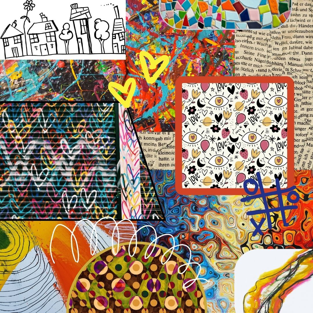 A collage of images based on the theme "doodles." There are shapes, graffiti, mosaics, text, and abstract art.