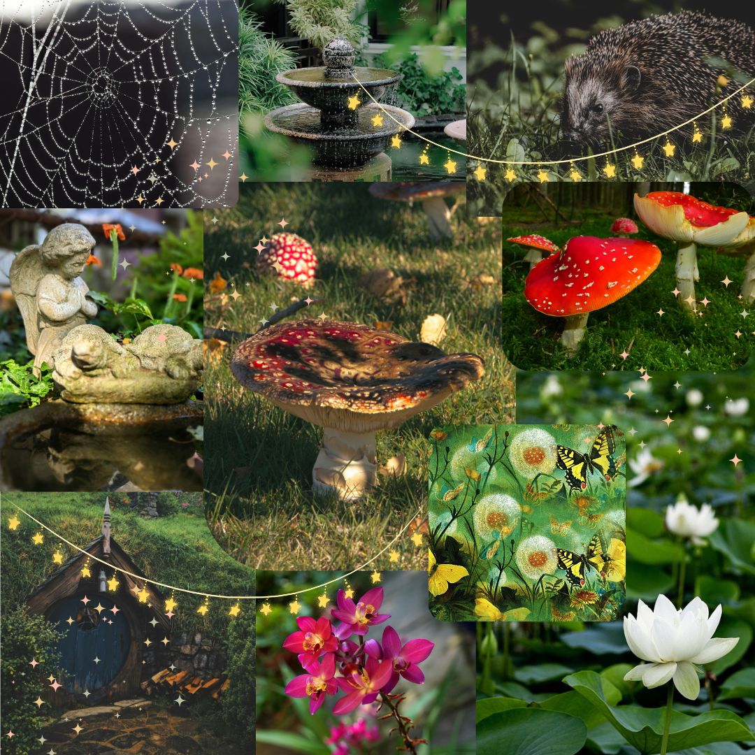 A collage of images based on the theme "magical garden." There are hedgehogs, mushrooms, birdbaths, flowers, and stars.