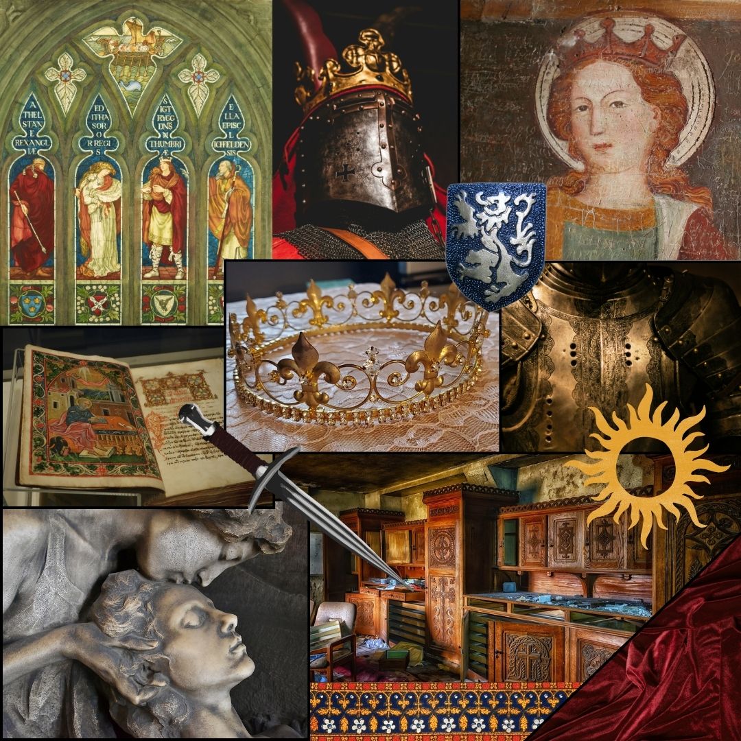 A collage of images based on the theme "medieval." There are old paintings, golden crowns, stained glass, armor, and bronze statues.