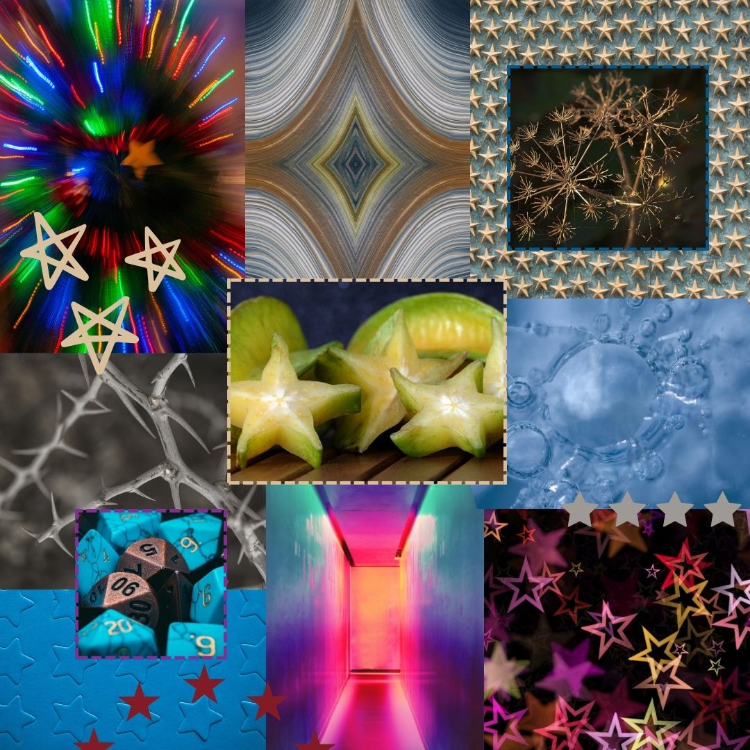 A collage of images based on the theme "starcrossed." There are stars, abstract art, dice, spiky plants, and starfruit.