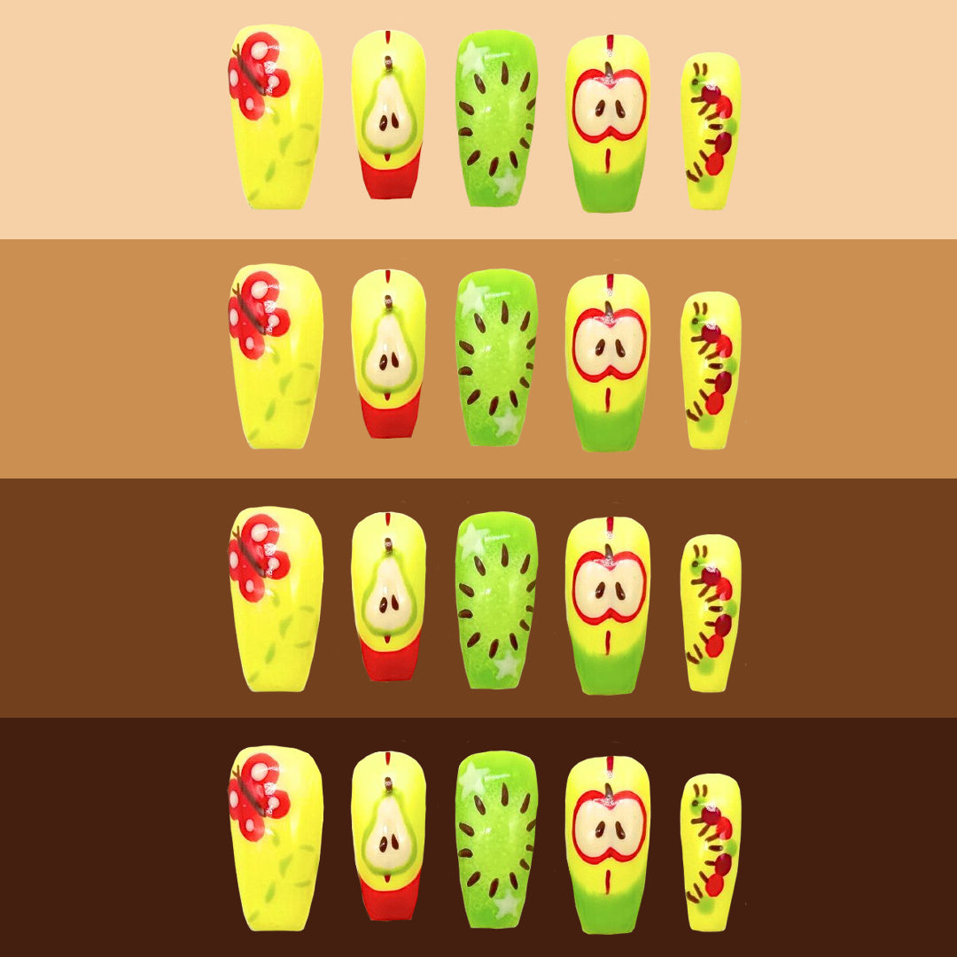 Fruit basket nails on different skin tone colors.