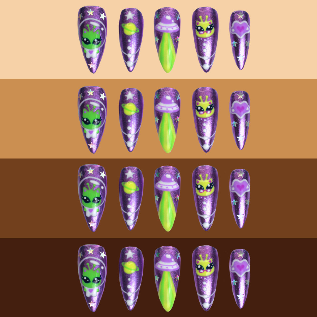 Galactic Kitty nails on different skin tones.