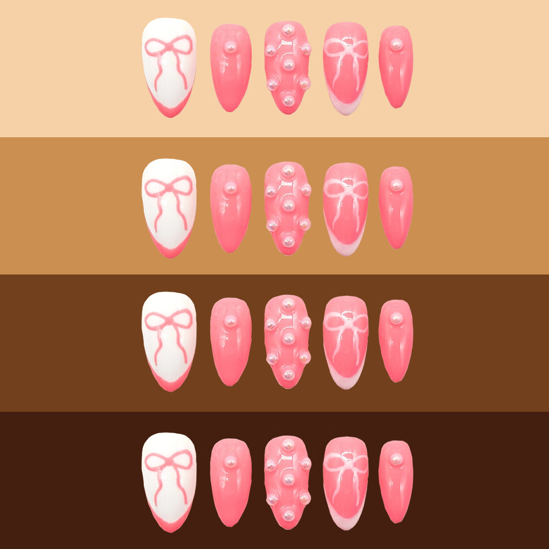 Pink Beau press-on nails on different skin tone colors.