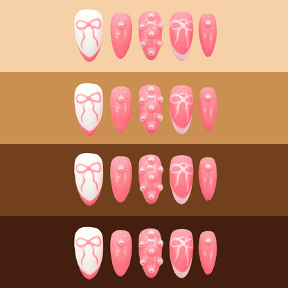 Pink Beau press-on nails on different skin tone colors.