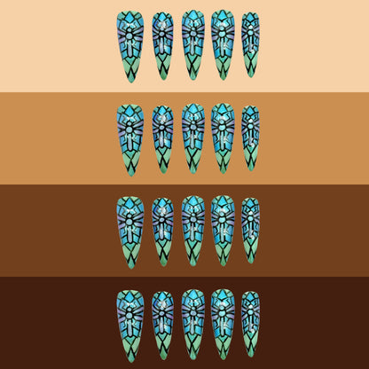 Stained glass dragonfly nails on different skin tone colors.