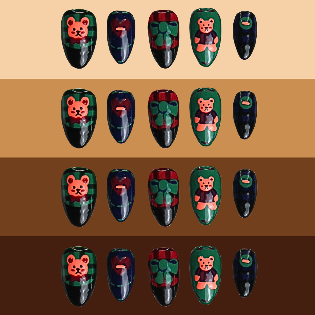Patchwork teddy nails on different skin tones.