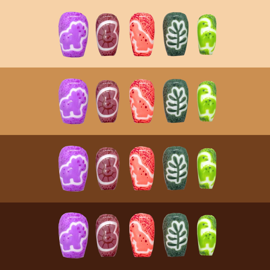 Sourberry brand tiny dinos nails on different skin tones.